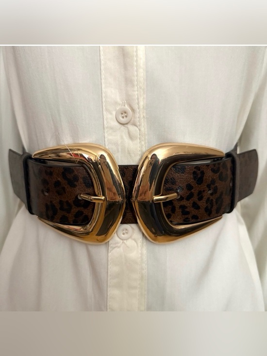 Accessories - Deep brown leopard print PU leather elastic waistband gold double buckle belt